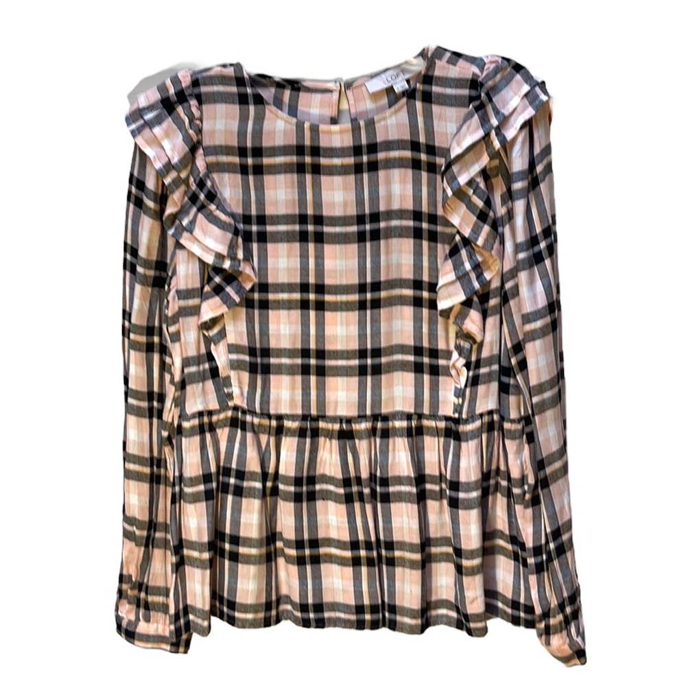LOFT Plaid Ruffle Blouse - Pink and Black